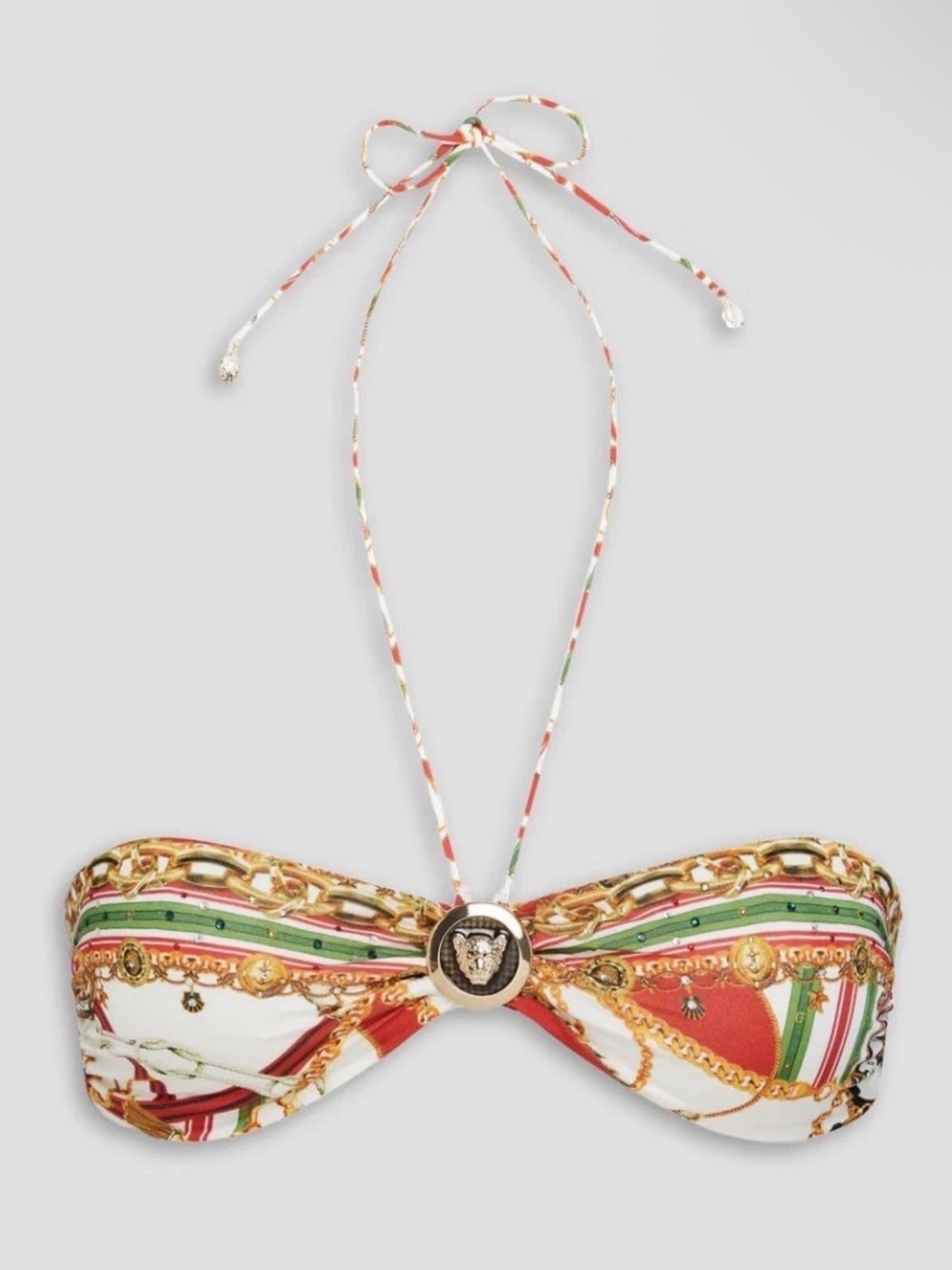Versace Multicolor Chain-Print Bandeau Top with Gold Medallion